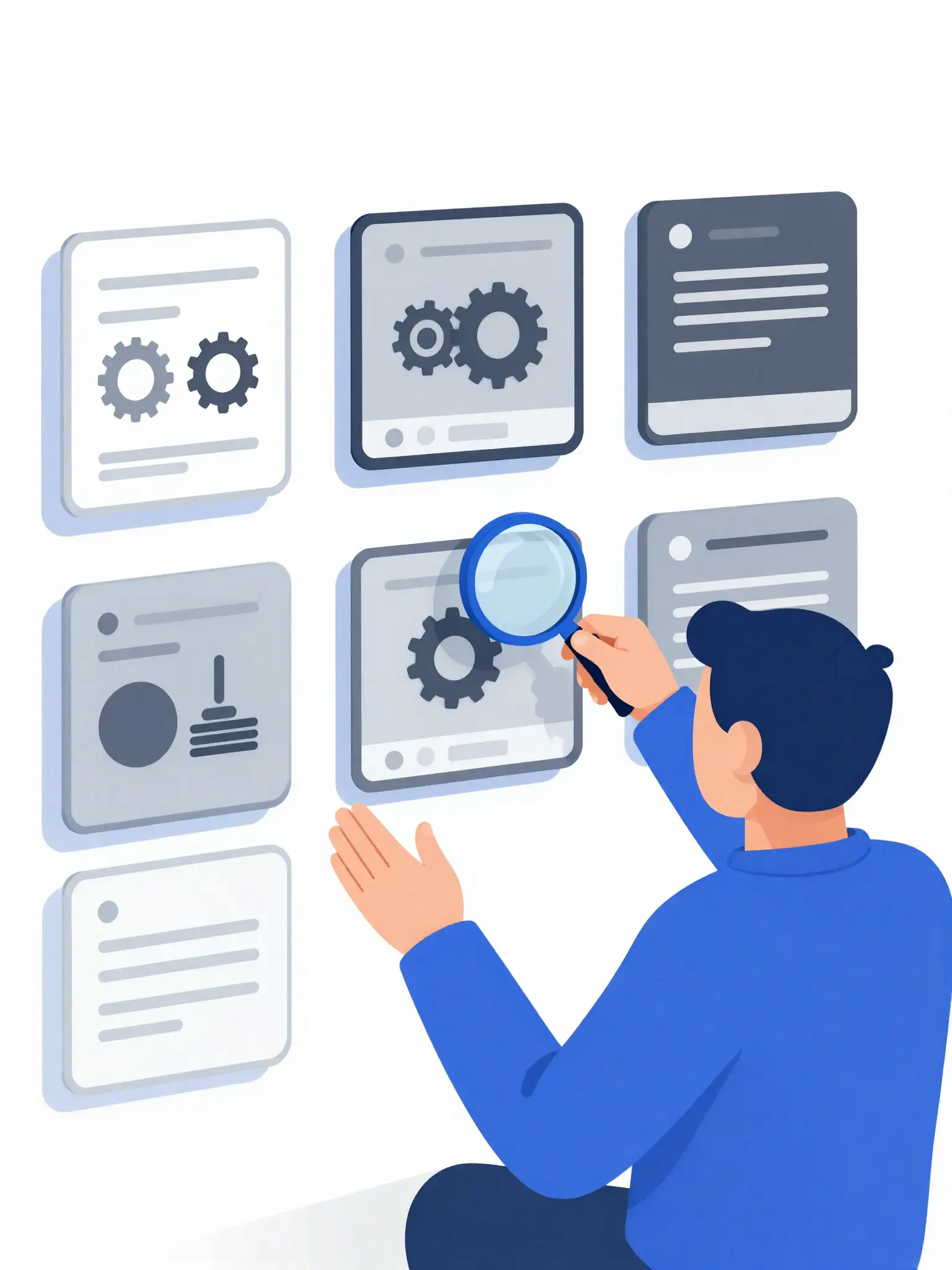 A person studying several MicroSaaS products in exploded teardown view, like a code review