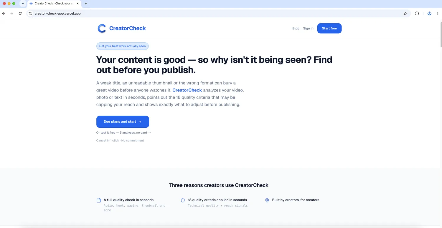 CreatorCheck landing page, live in production