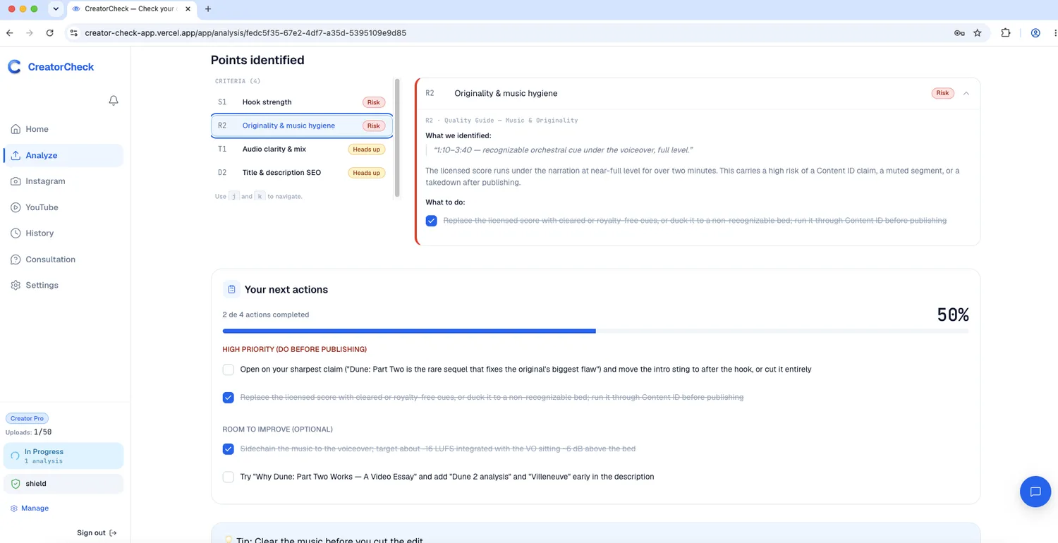 Risk report detail: criteria identified and the next actions to fix