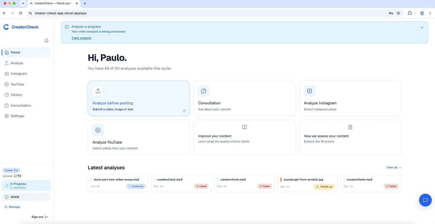 A real CreatorCheck account with analysis history